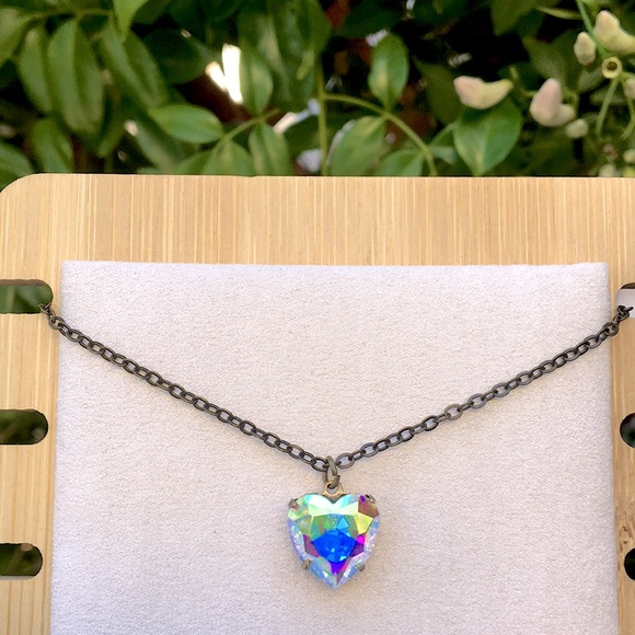 Aurora Borealis + Antique Brass Crystal Heart Drop Pendant Necklace - Picture 5 of 13